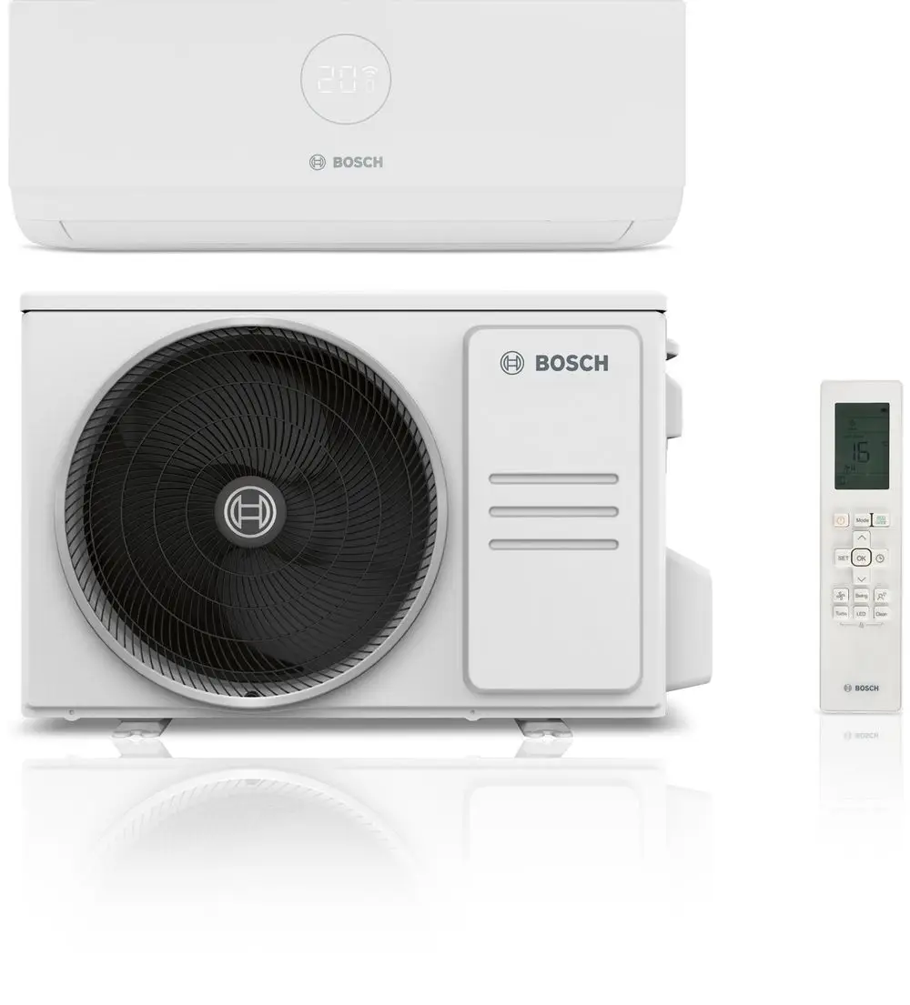 Weißes Split-Klimagerät von Bosch mit einer Inneneinheit und einer Außeneinheit, ausgestattet mit einem digitalen Thermostat und einer Fernbedienung.